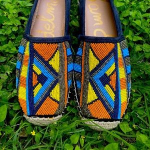 Blue suede beaded loafers